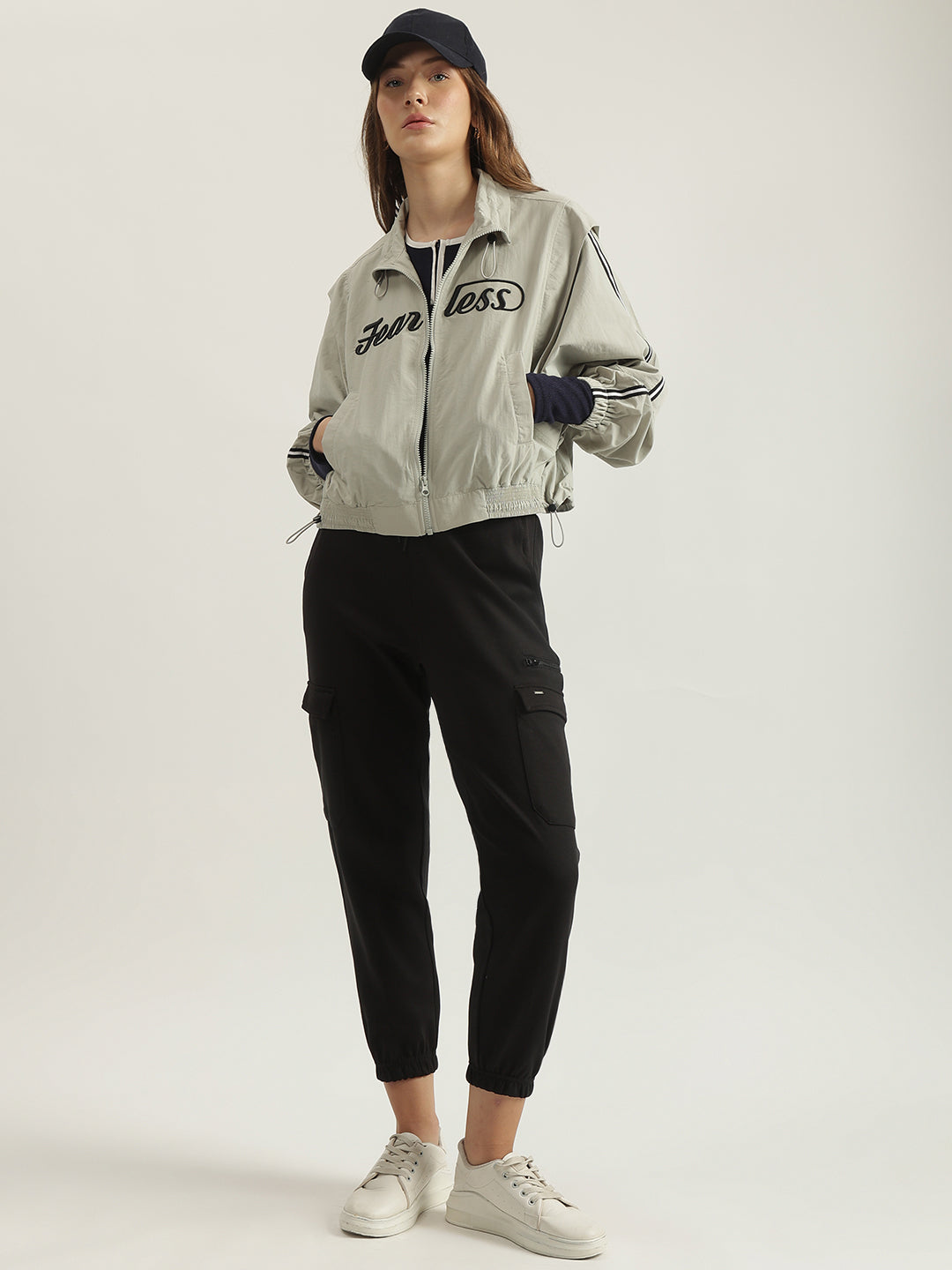 Iconic Women Grey Solid Stand Collar Full Sleeves Bomber Jacket