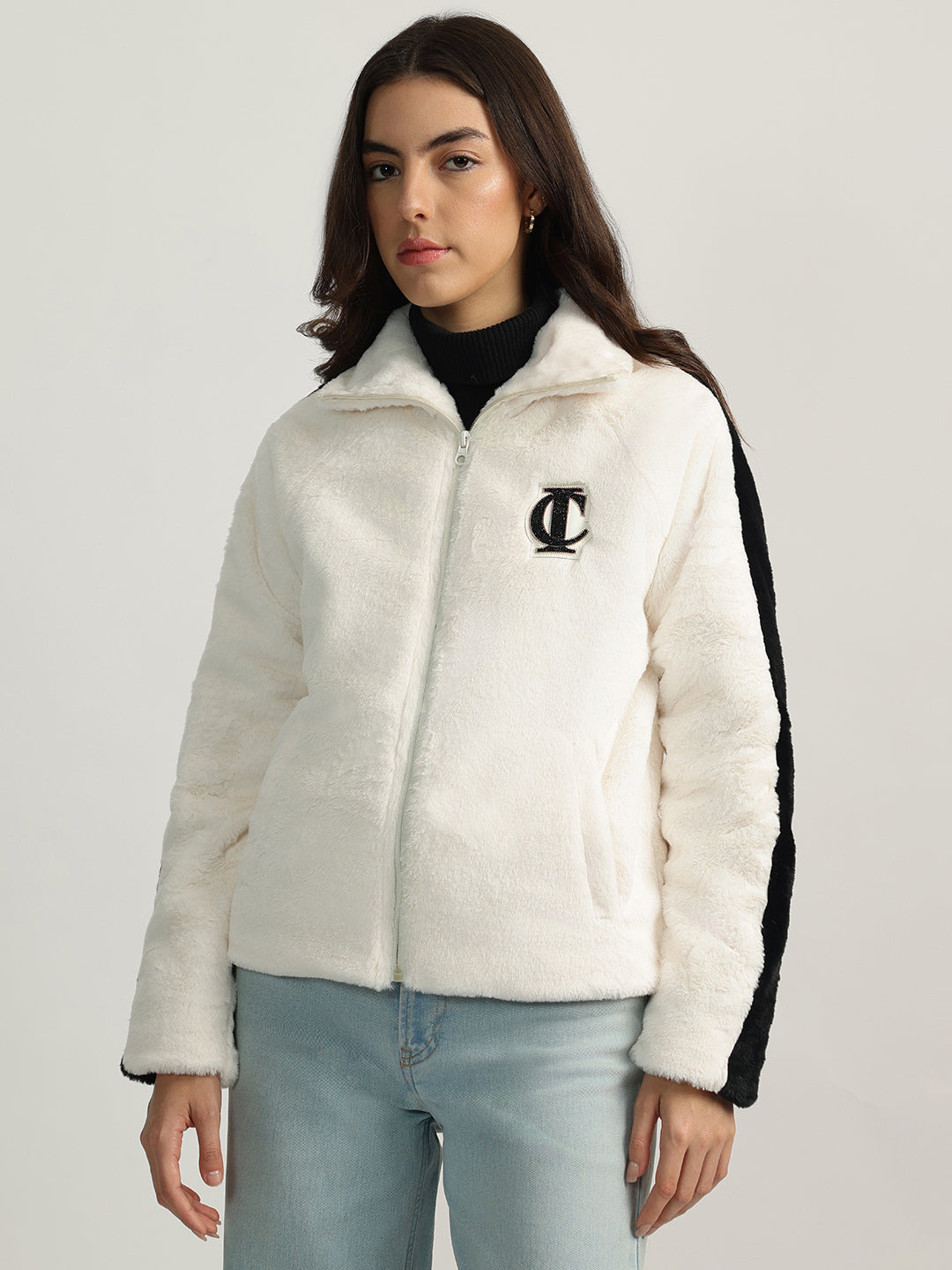 Iconic Women Cream Self Design Stand Collar Full Sleeves Jacket