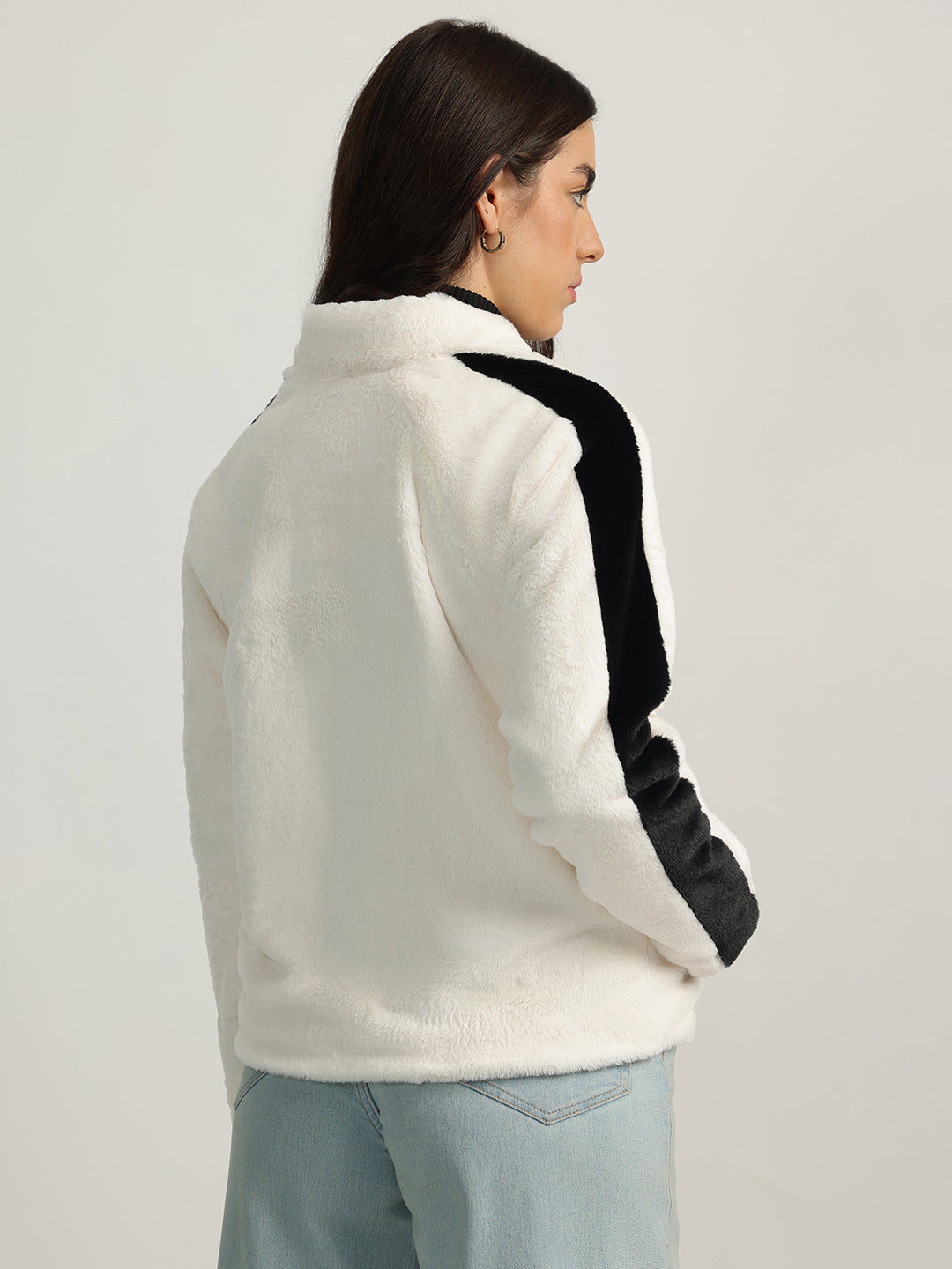 Iconic Women Cream Self Design Stand Collar Full Sleeves Jacket