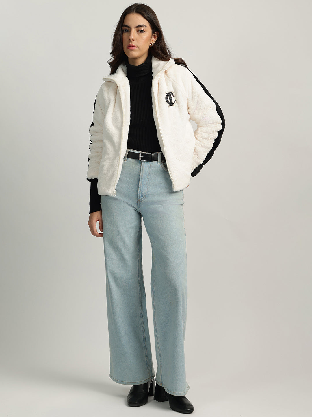 Iconic Women Cream Self Design Stand Collar Full Sleeves Jacket