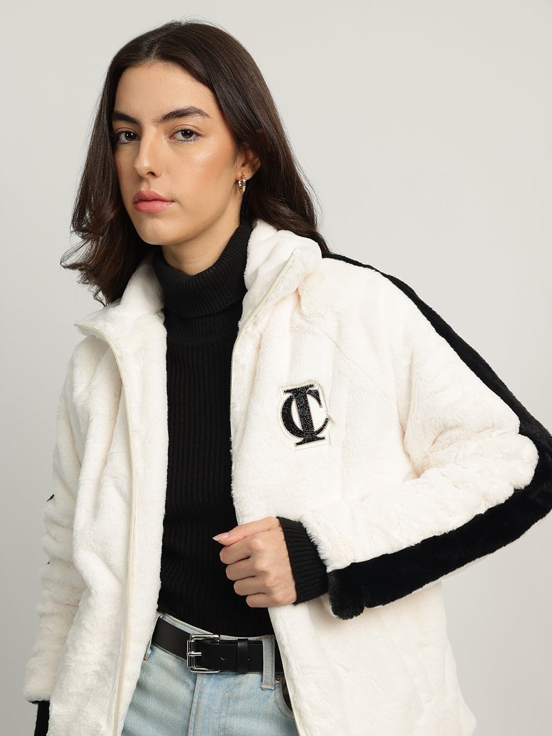 Iconic Women Cream Self Design Stand Collar Full Sleeves Jacket