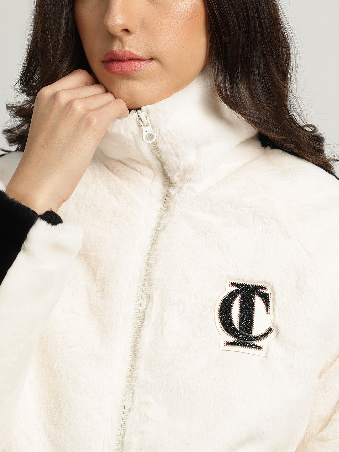 Iconic Women Cream Self Design Stand Collar Full Sleeves Jacket