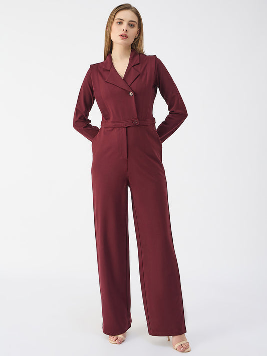Iconic Women Red Notched Collar Full Sleeves Jumpsuit