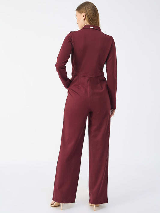 Iconic Women Red Notched Collar Full Sleeves Jumpsuit