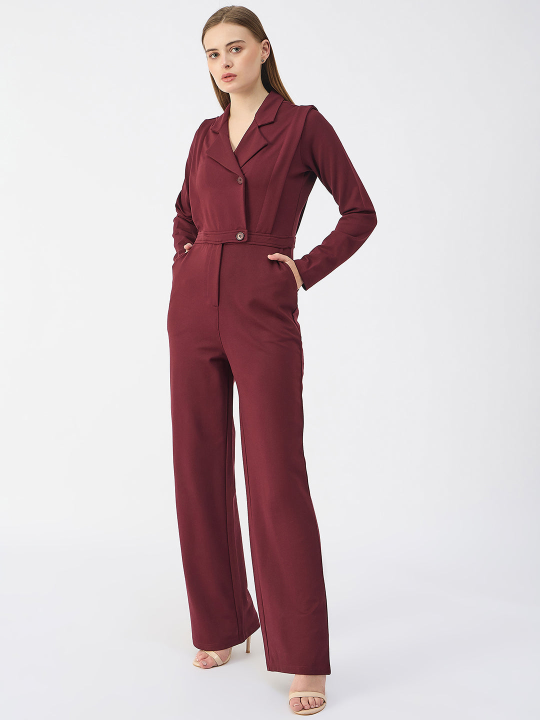 Iconic Women Red Notched Collar Full Sleeves Jumpsuit