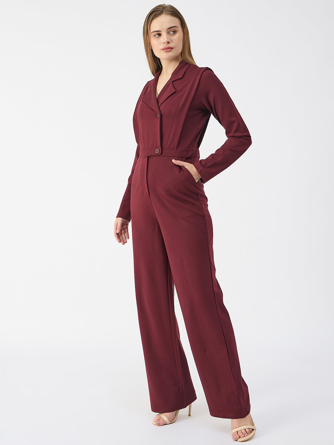 Iconic Women Red Notched Collar Full Sleeves Jumpsuit