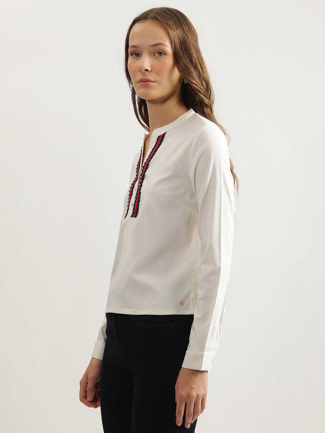 Iconic Women White Solid Band Collar Top