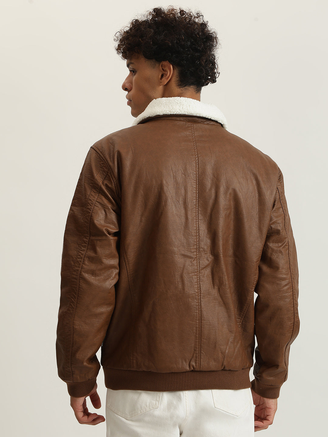 Lindbergh Men Brown Solid Spread Collar Full Sleeves Shearling Jacket