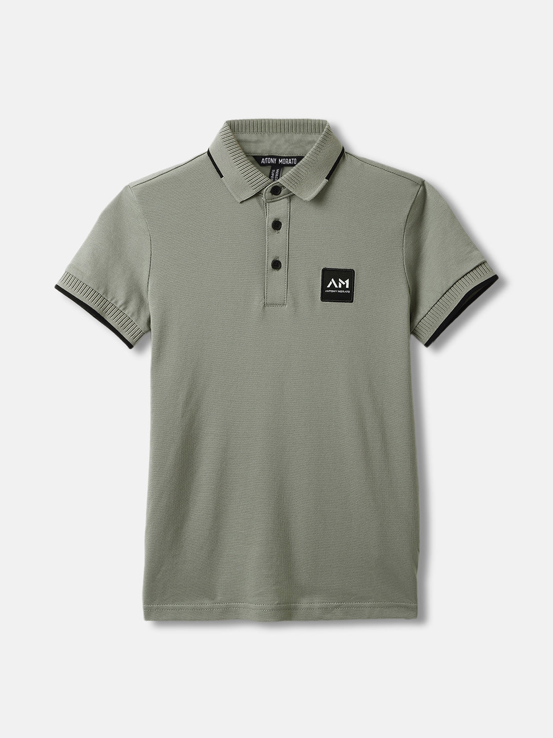 Antony Morato Boys Green Solid Polo Collar Short Sleeves Tshirt