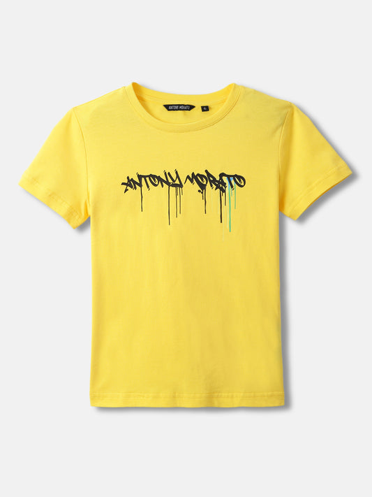 Antony Morato Boys Yellow Printed Round Neck Short Sleeves Tshirt