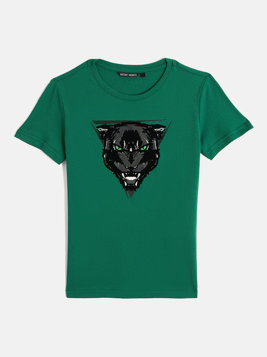 Antony Morato Boys Green Printed Round Neck Short Sleeves Tshirt