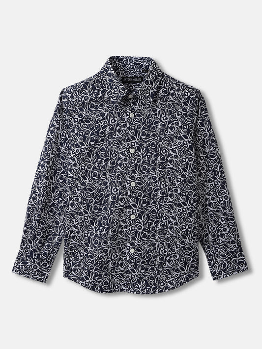 Antony Morato Boys Navy Blue Printed Spread Collar Full Sleeves Shirt