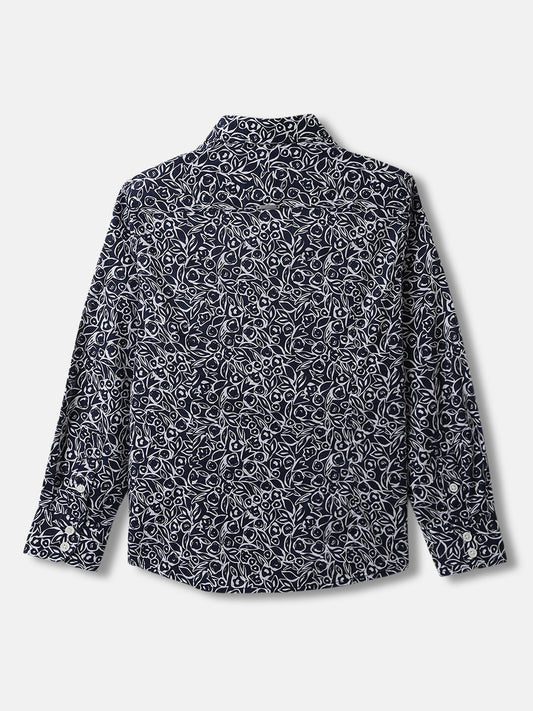 Antony Morato Boys Navy Blue Printed Spread Collar Full Sleeves Shirt