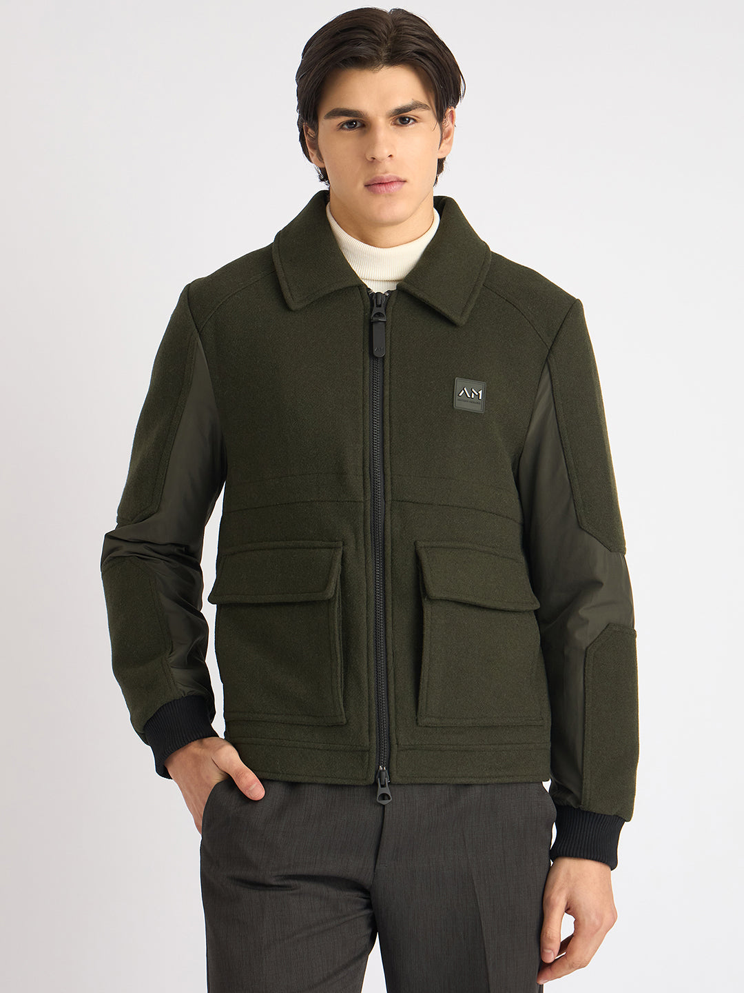 Antony Morato Men Green Solid Spread Collar Full Sleeves Jacket