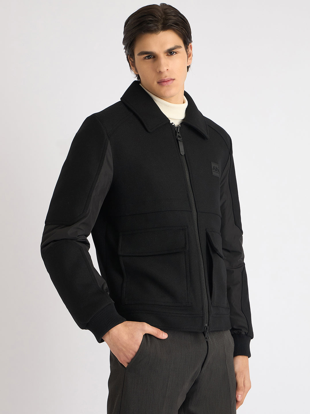 Antony Morato Men Black Solid Spread Collar Full Sleeves Jacket