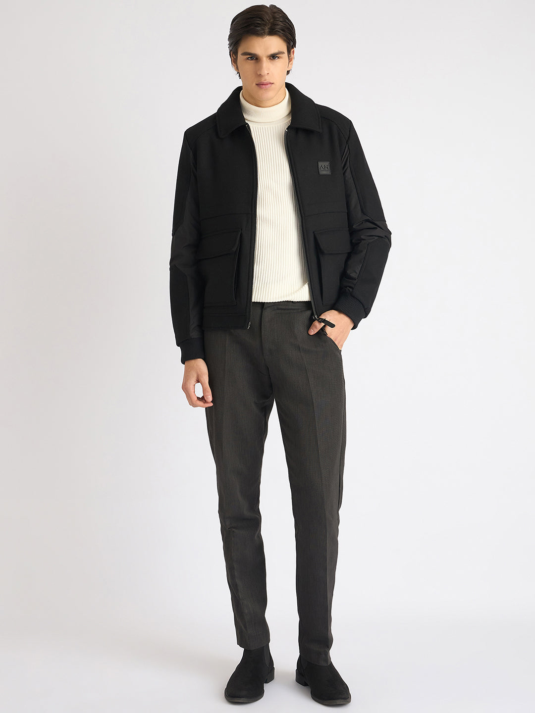 Antony Morato Men Black Solid Spread Collar Full Sleeves Jacket