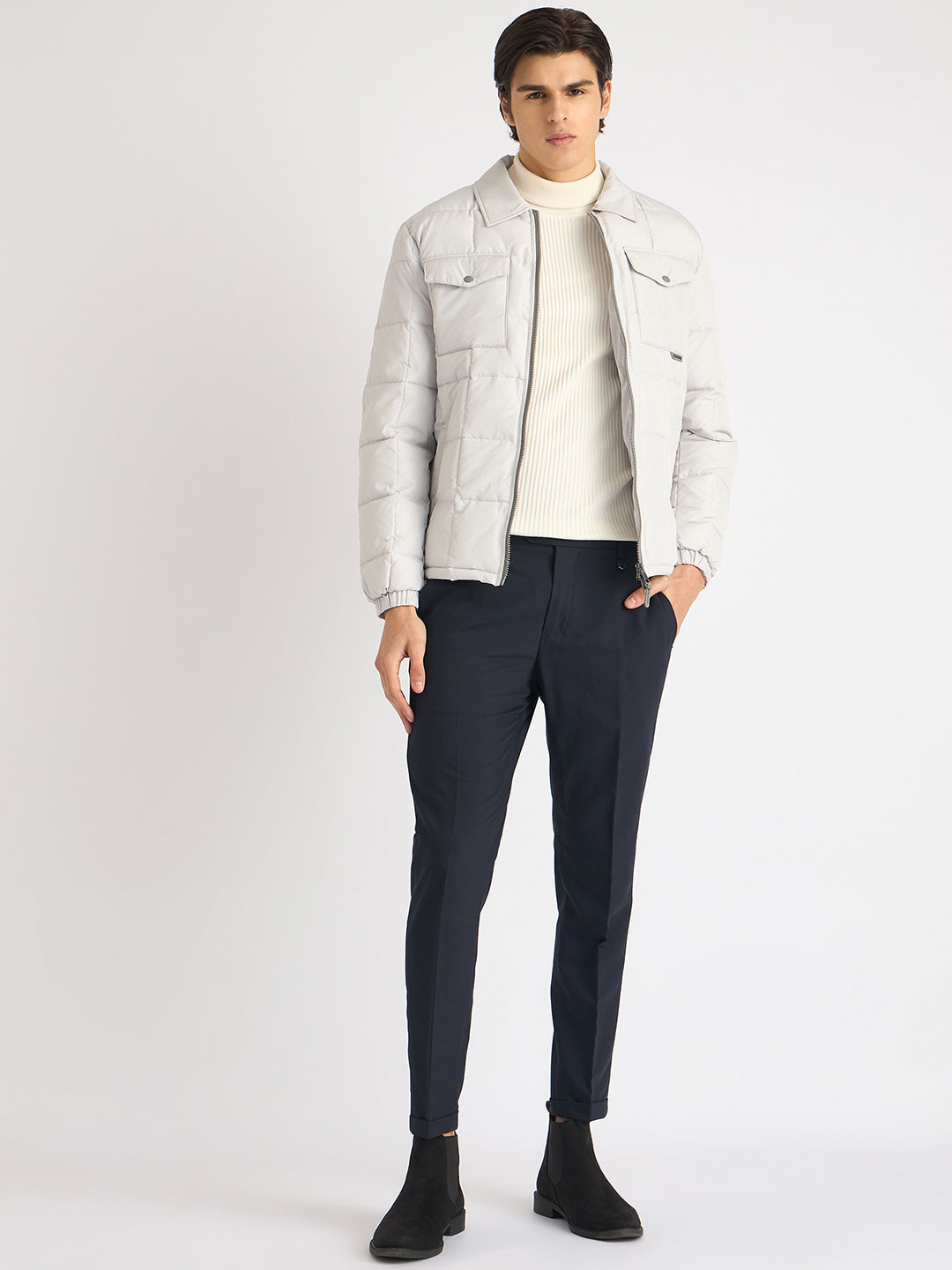 Antony Morato Men White Solid Spread Collar Full Sleeves Puffer Jacket