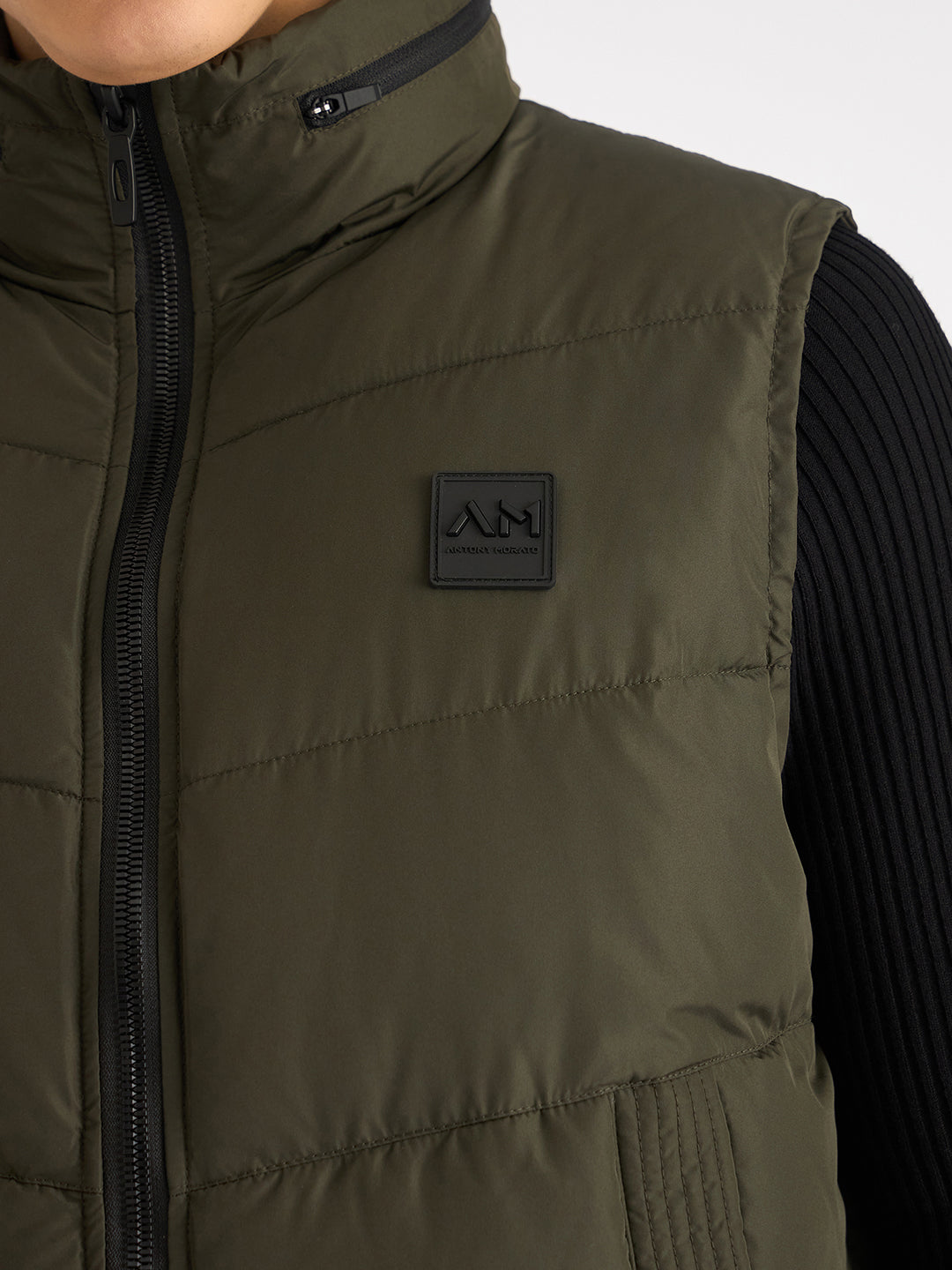 Antony Morato Men Green Solid Hooded Sleeveless Puffer Jacket