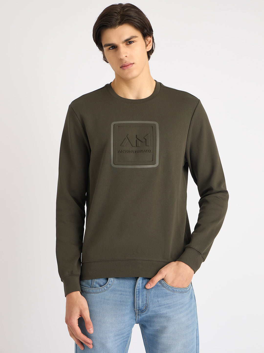 Antony Morato Men Green Solid Round Neck Full Sleeves Sweatshirt