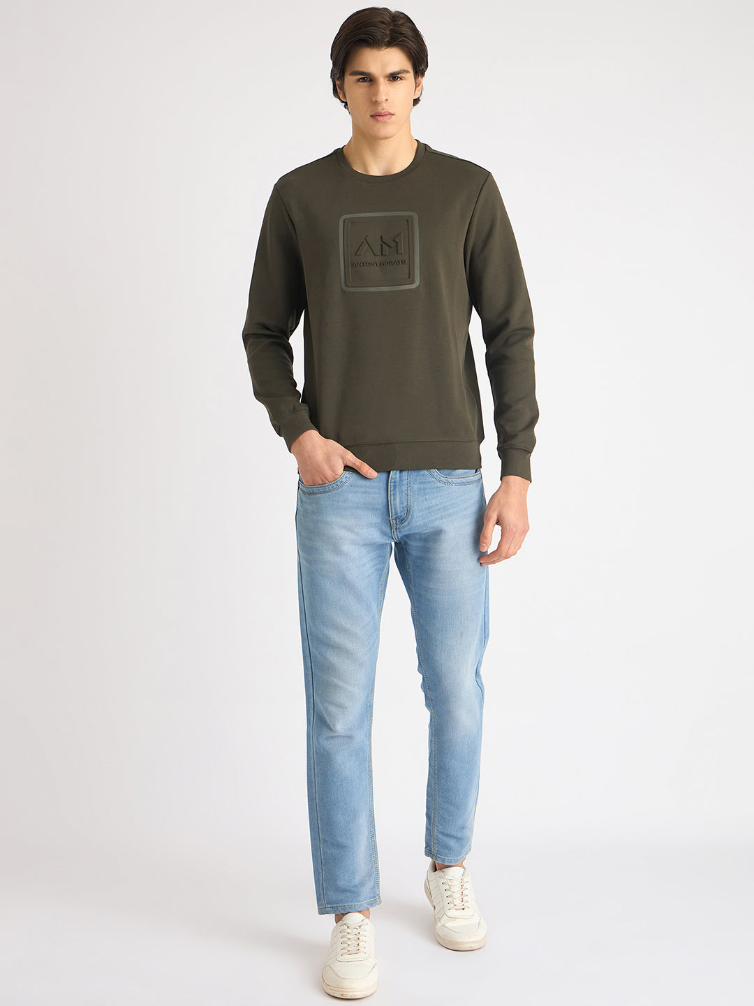 Antony Morato Men Green Solid Round Neck Full Sleeves Sweatshirt