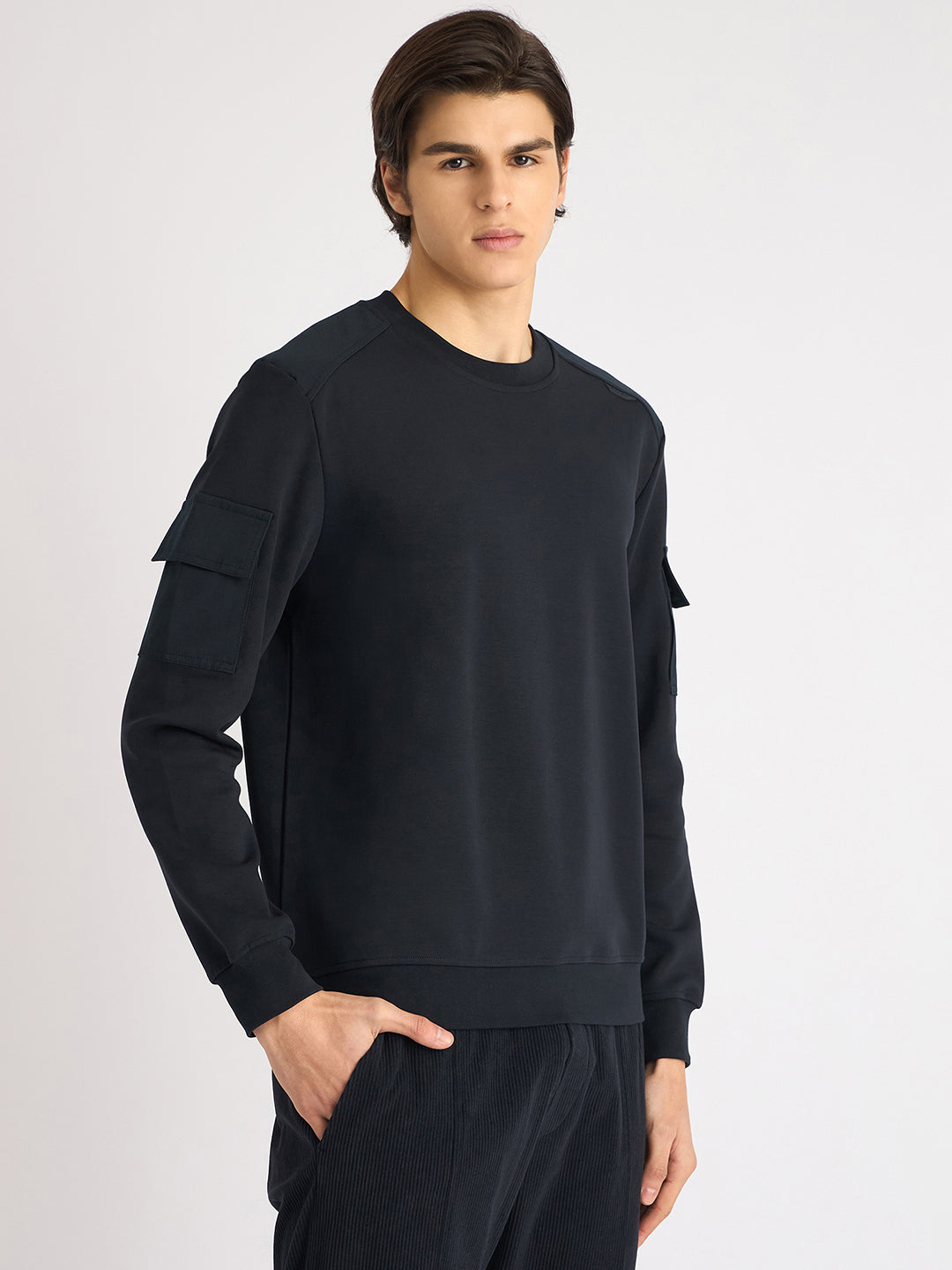 Antony Morato Men Blue Solid Round Neck Full Sleeves Sweatshirt