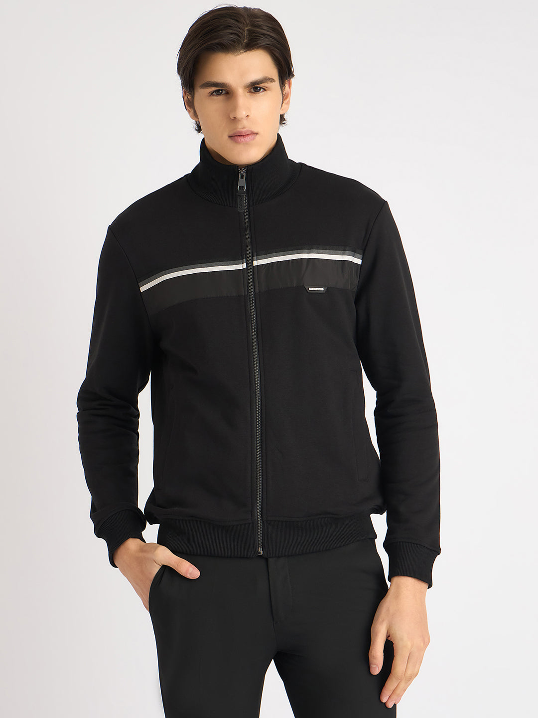 Antony Morato Men Black Solid High Neck Full Sleeves Sweatshirt