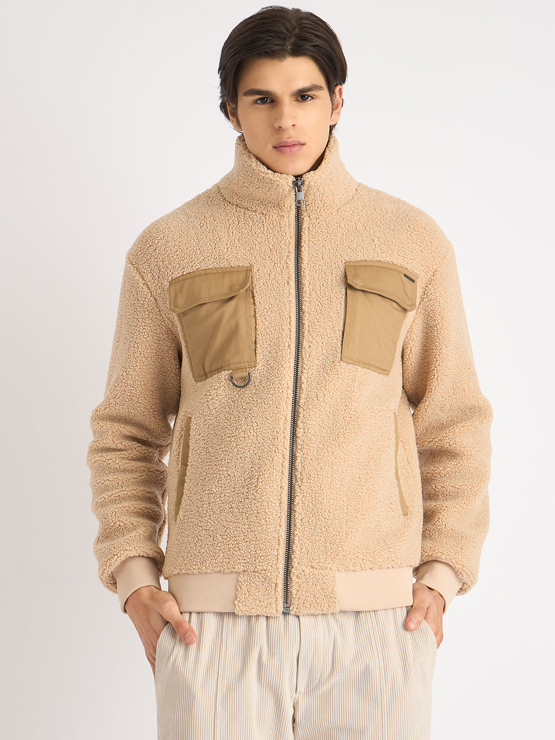 Antony Morato Men Beige Color-Blocked High Neck Full Sleeves Sweatshirt