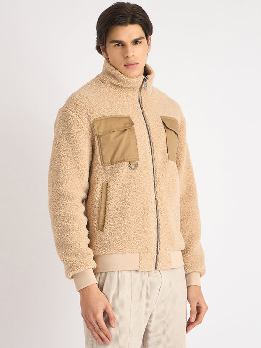 Antony Morato Men Beige Color-Blocked High Neck Full Sleeves Sweatshirt