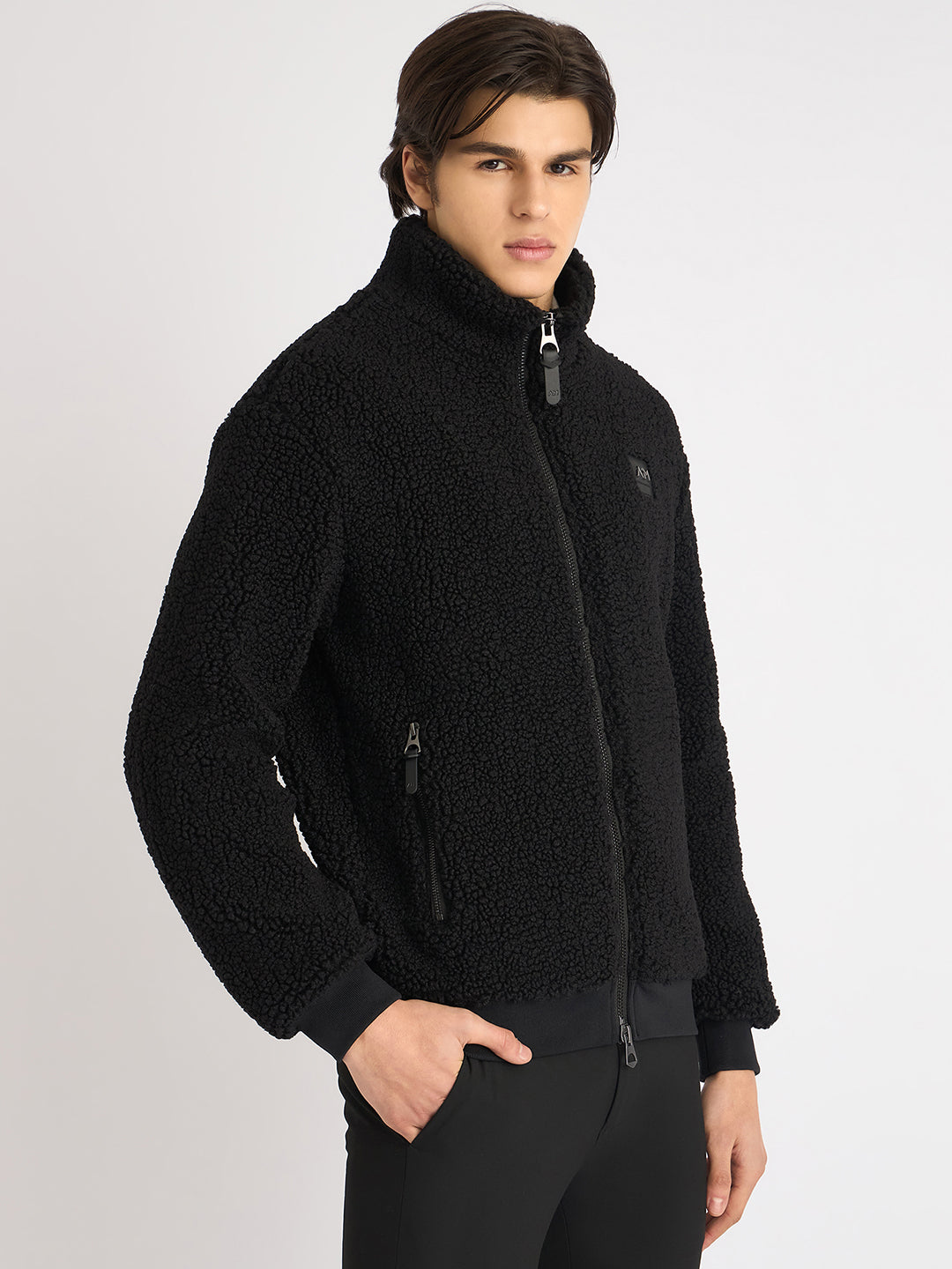Antony Morato Men Black Solid High Neck Full Sleeves Fleece Sweatshirt