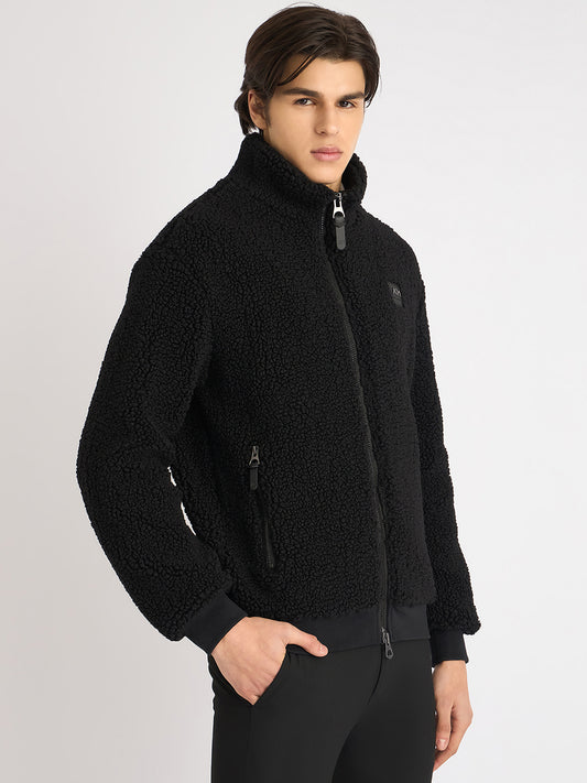 Antony Morato Men Black Solid High Neck Full Sleeves Fleece Sweatshirt