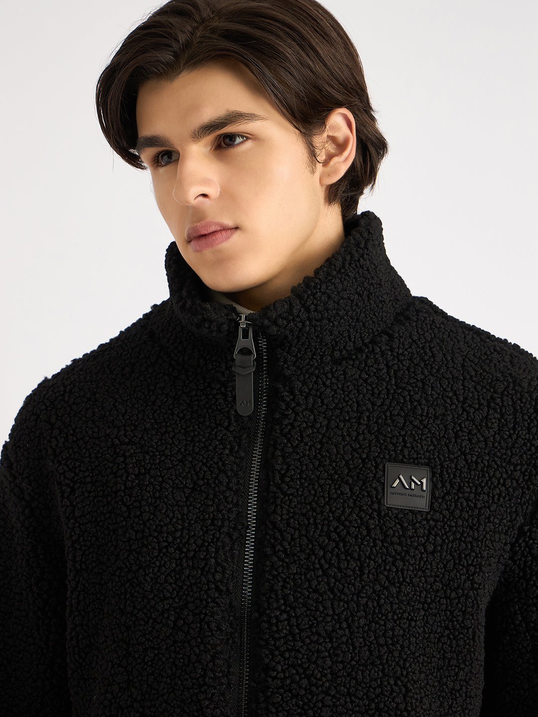 Antony Morato Men Black Solid High Neck Full Sleeves Fleece Sweatshirt