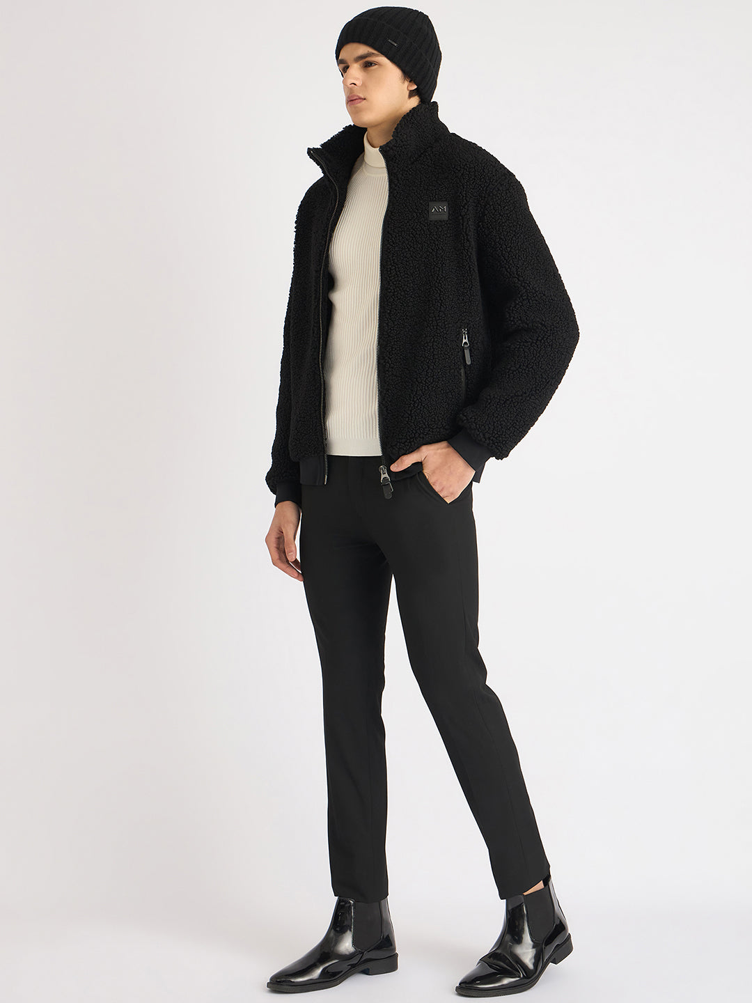 Antony Morato Men Black Solid High Neck Full Sleeves Fleece Sweatshirt