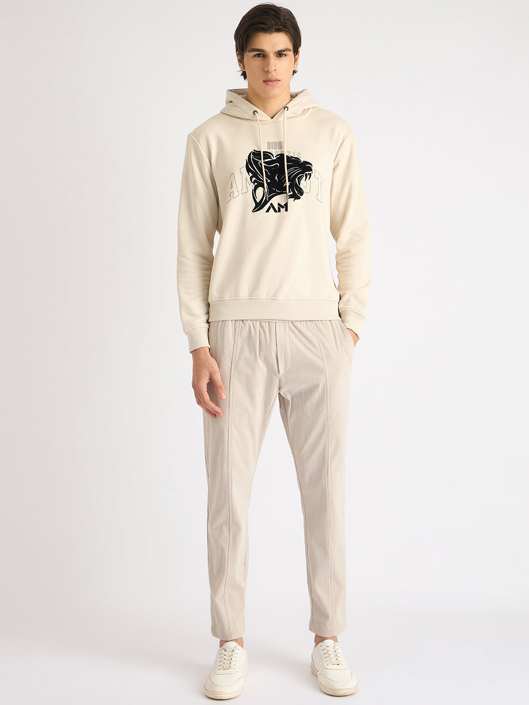 Antony Morato Men Beige Printed Hooded Full Sleeves Sweatshirt