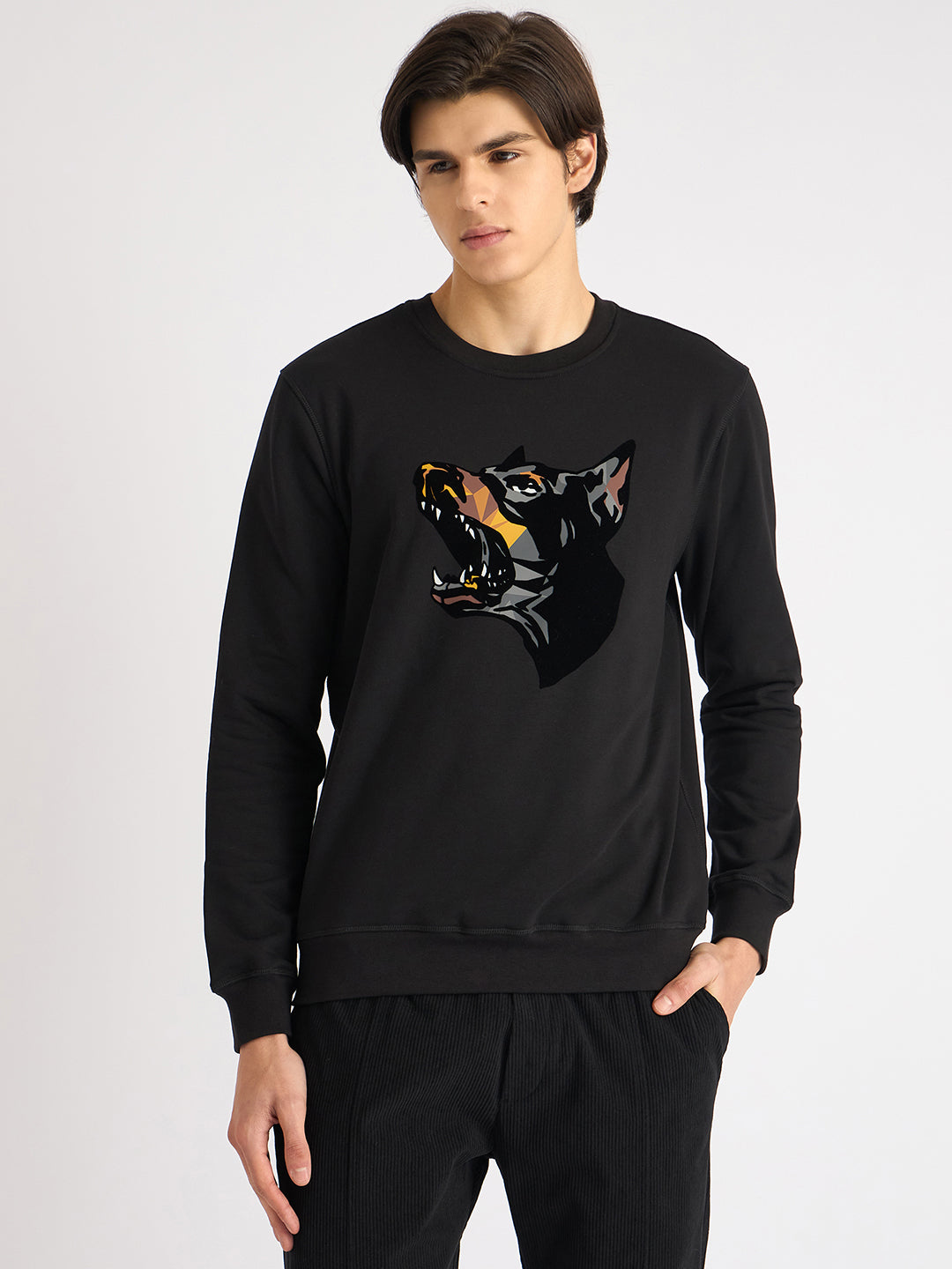 Men Black Printed Round Neck Full Sleeves Sweatshirt
