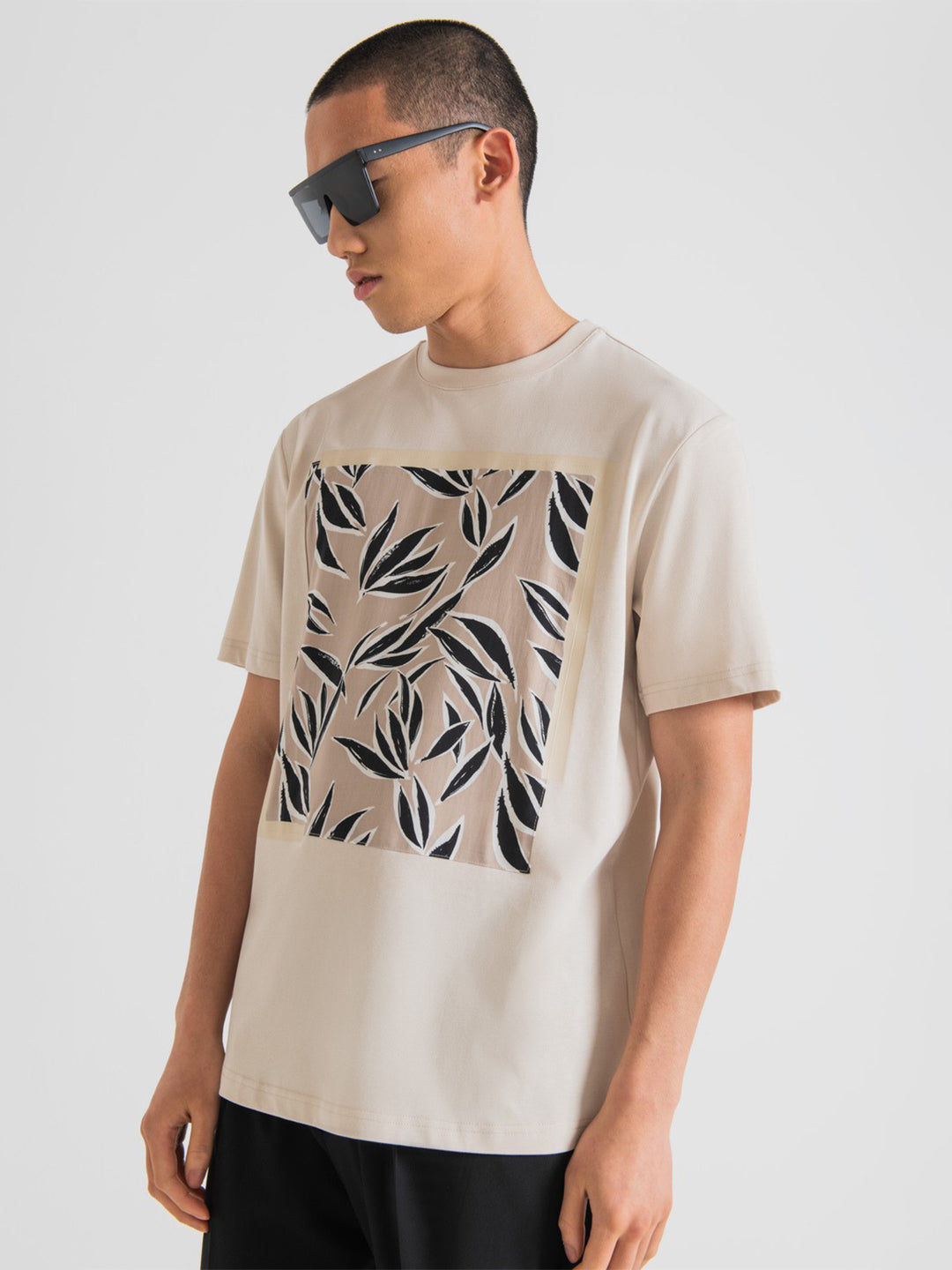 Antony Morato Men Beige Printed Round Neck Short Sleeves Tshirt