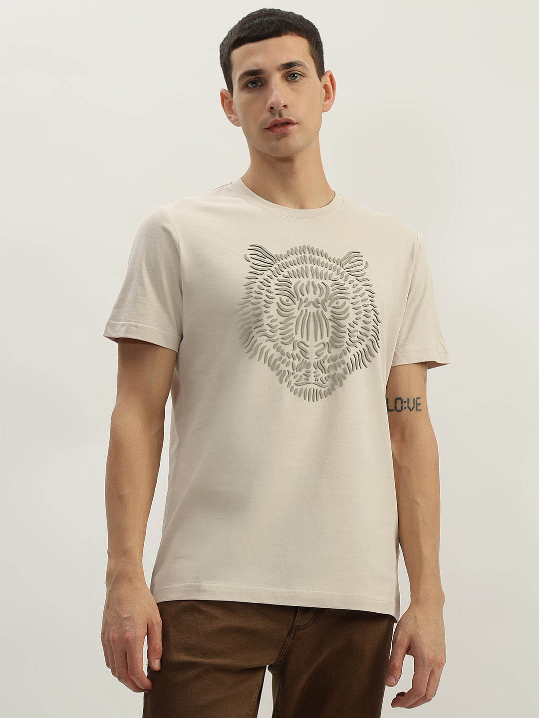Antony Morato Men Beige Printed Round Neck Short Sleeves Tshirt