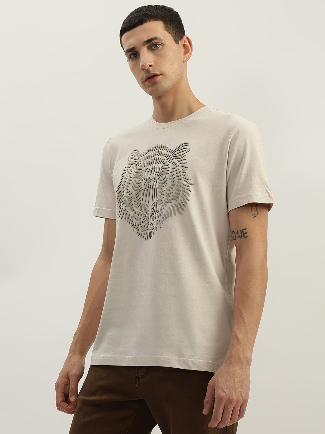 Antony Morato Men Beige Printed Round Neck Short Sleeves Tshirt