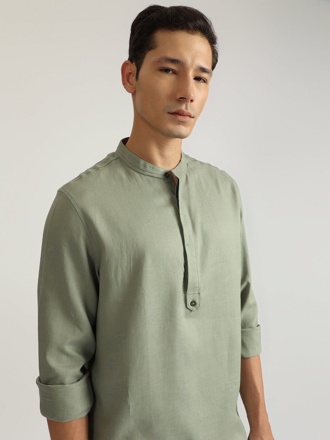 Antony Morato Men Green Solid Band Collar Full Sleeves Shirt