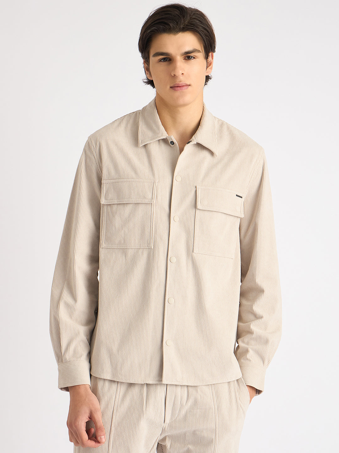 Antony Morato Men Beige Solid Spread Collar Full Sleeves Corduroy Shirt