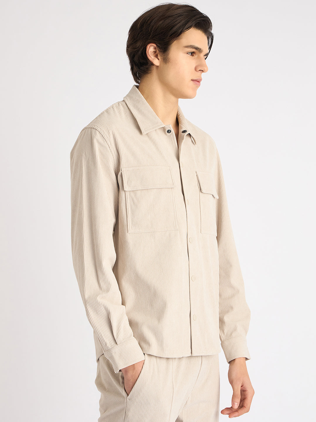 Antony Morato Men Beige Solid Spread Collar Full Sleeves Corduroy Shirt