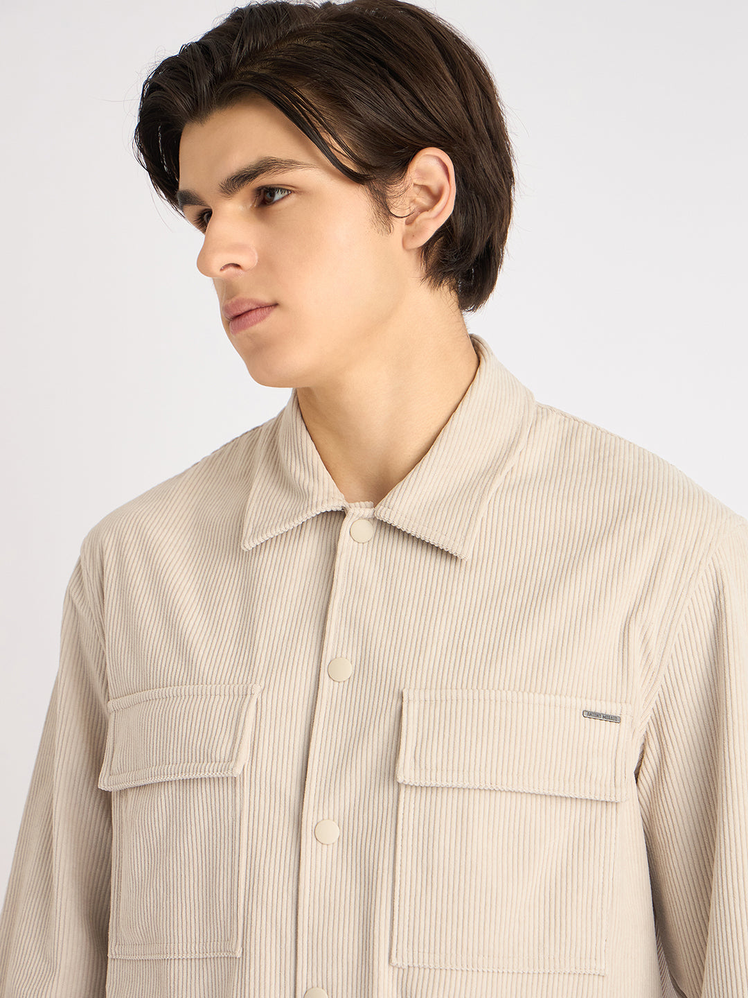 Antony Morato Men Beige Solid Spread Collar Full Sleeves Corduroy Shirt
