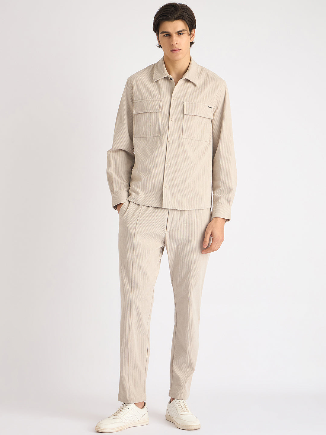 Antony Morato Men Beige Solid Spread Collar Full Sleeves Corduroy Shirt