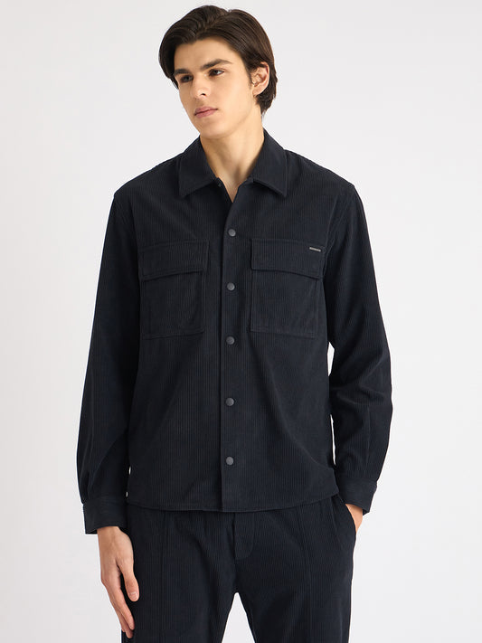 Antony Morato Men Blue Solid Spread Collar Full Sleeves Corduroy Shirt