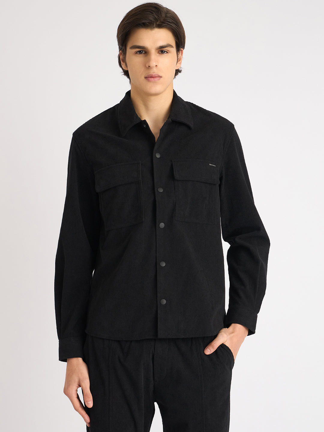 Antony Morato Men Black Solid Spread Collar Full Sleeves Corduroy Shirt