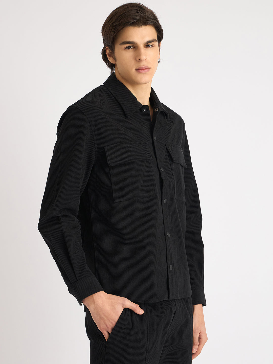 Antony Morato Men Black Solid Spread Collar Full Sleeves Corduroy Shirt