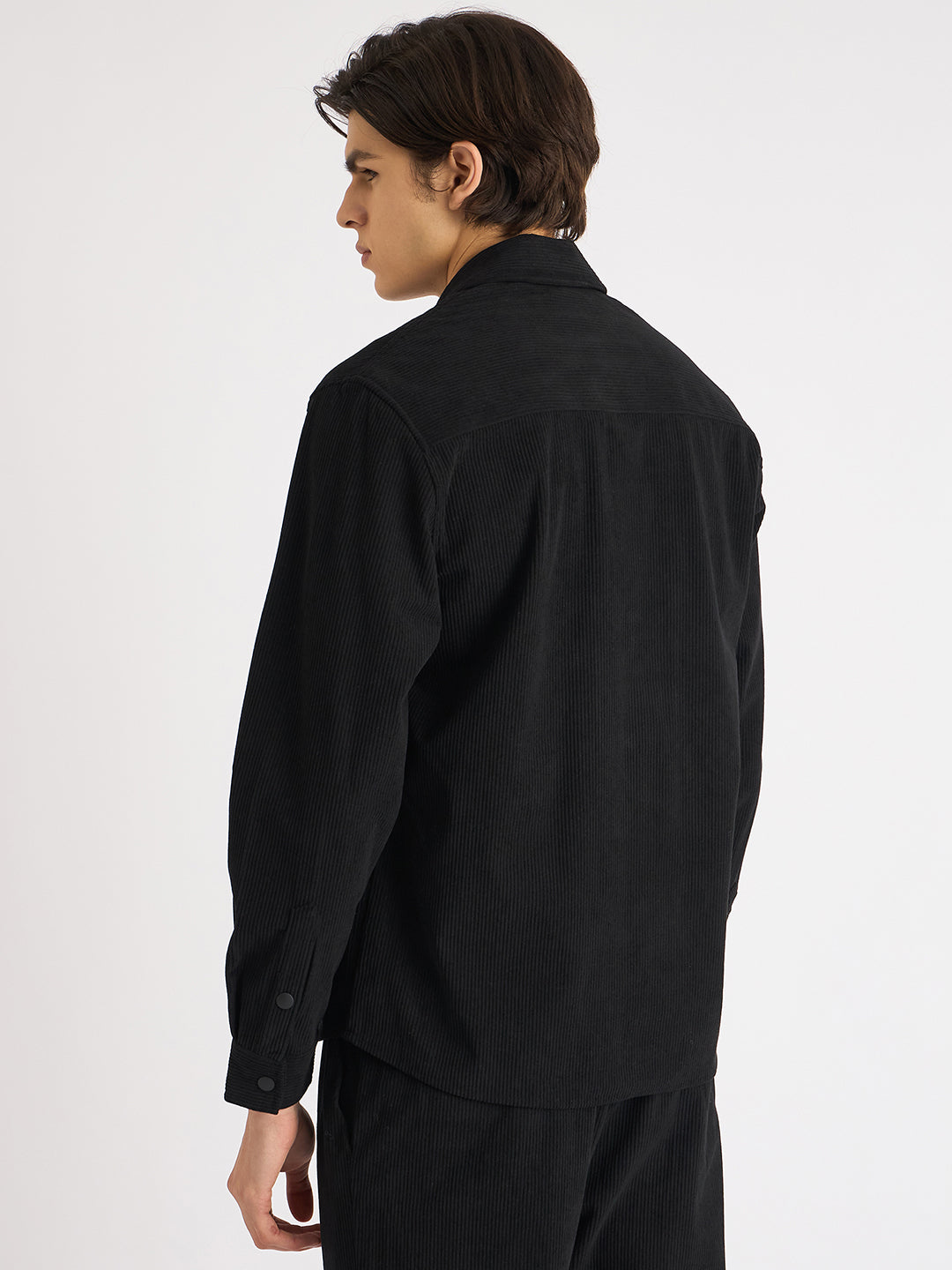 Antony Morato Men Black Solid Spread Collar Full Sleeves Corduroy Shirt