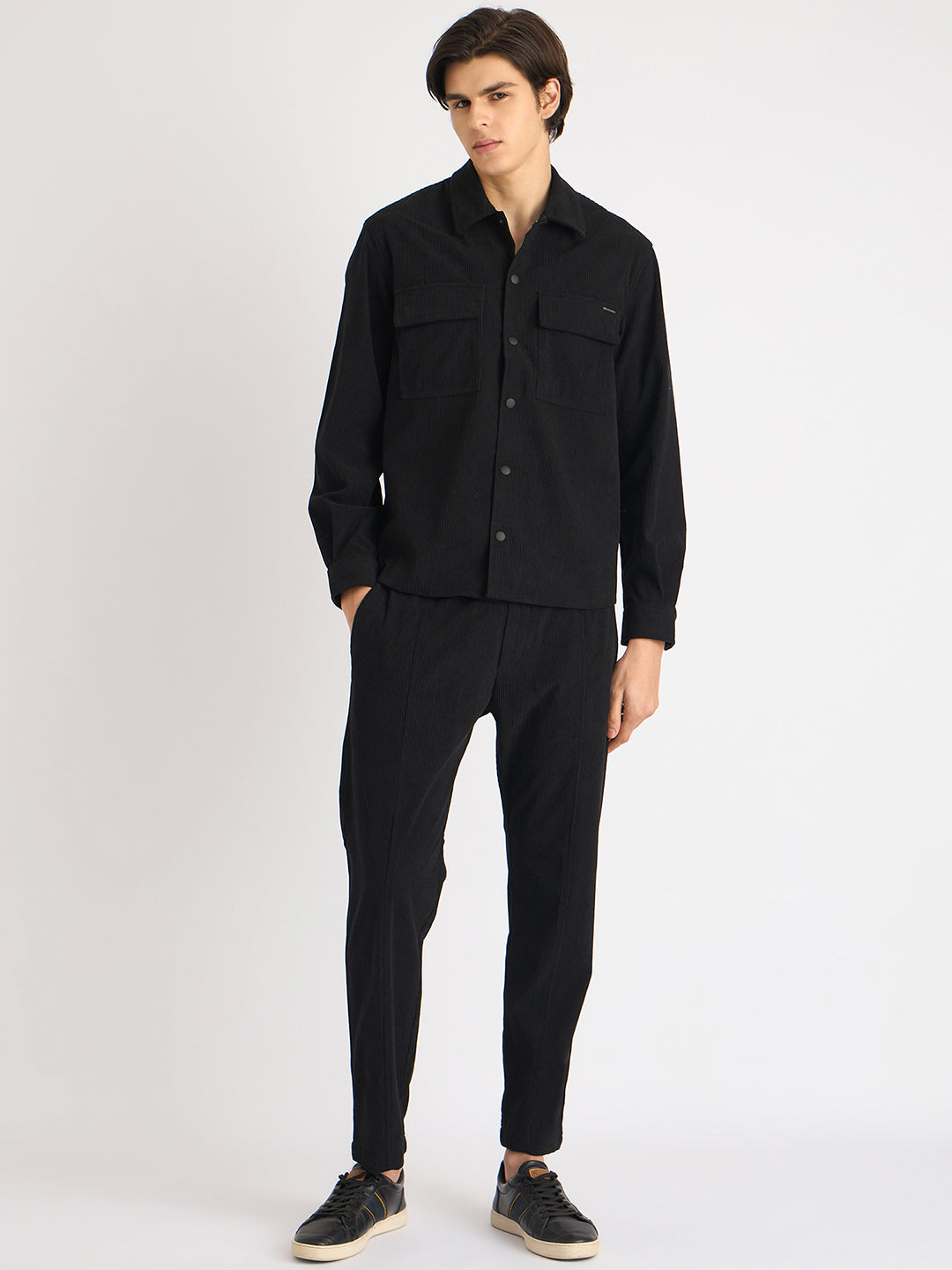 Antony Morato Men Black Solid Spread Collar Full Sleeves Corduroy Shirt