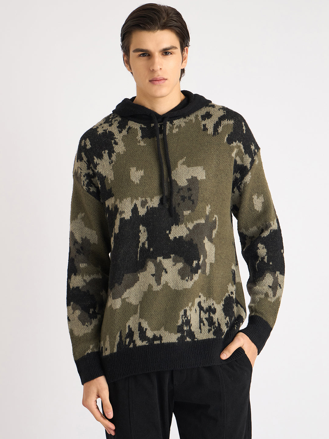 Antony Morato Men Green Printed Hooded Full Sleeves Sweater