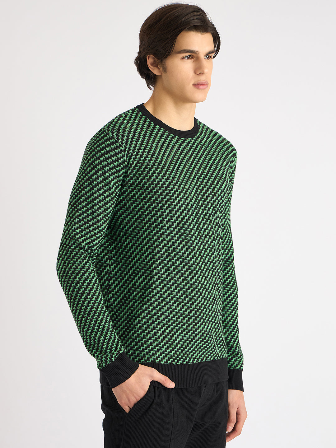 Antony Morato Men Green Self Design Round Neck Full Sleeves Sweater