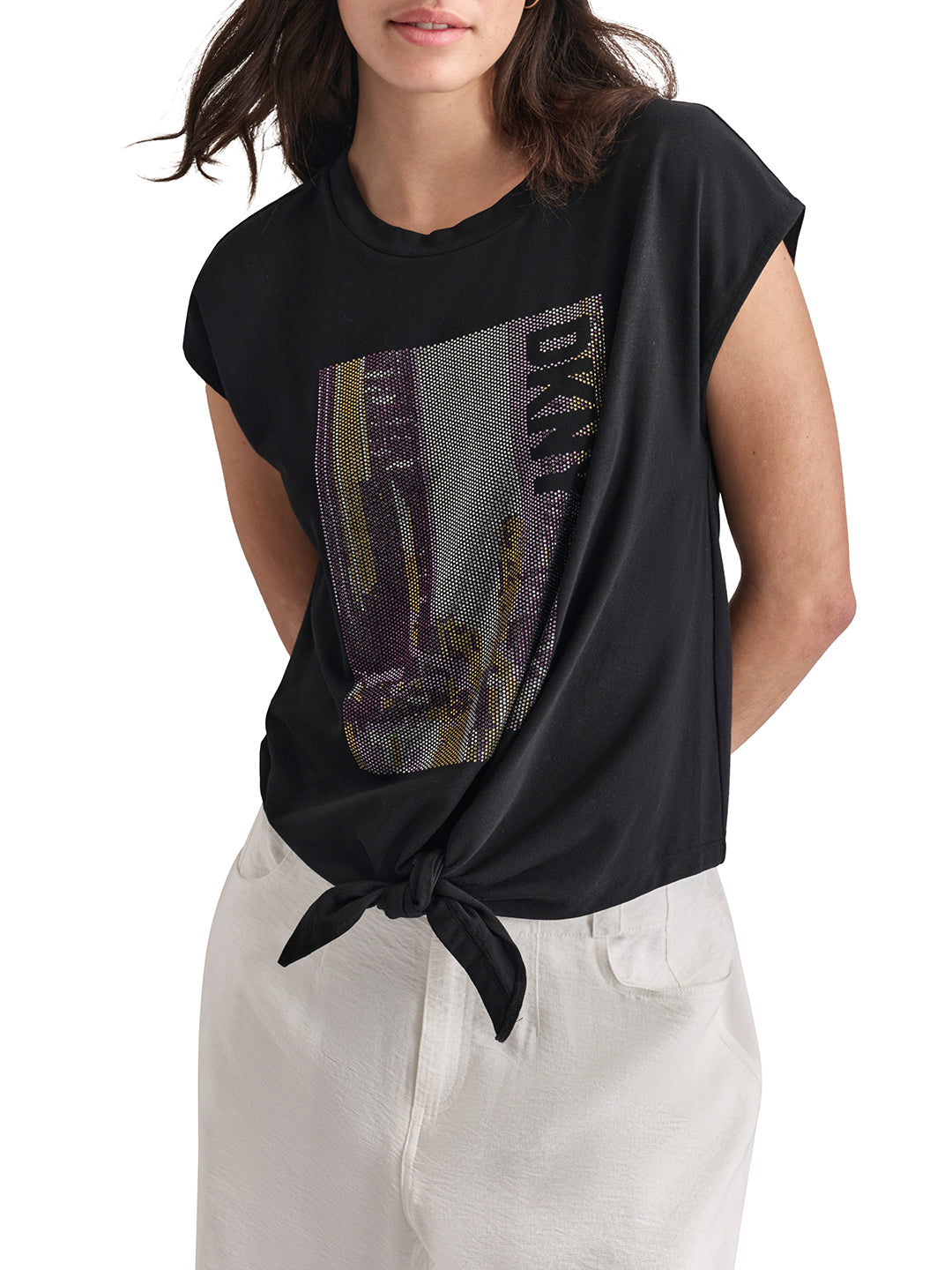 Dkny Women Black Embellished Round Neck Short Sleeves Tshirt